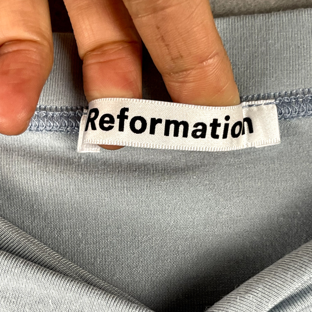 Reformation Rylan Midi Skirt Womens Large Blue Twist Front Knot Ruched Pull On - Picture 10 of 15